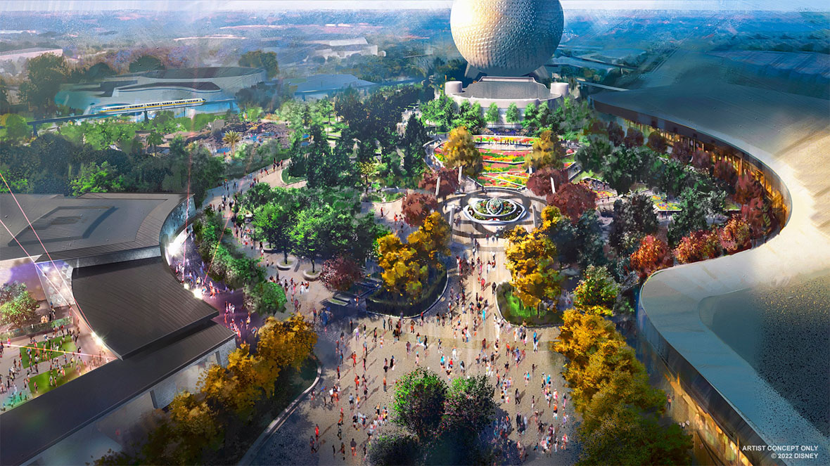 Concept art for CommuniCore Hall and Plaza at EPCOT