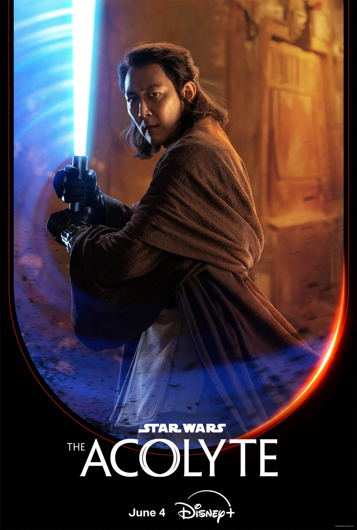 Jedi Master Sol holds his blue lightsaber with both hands, turned towards the camera as though preparing for an attack. A black border frames the bottom of the image with the logo for Star Wars: The Acolyte written in white font.