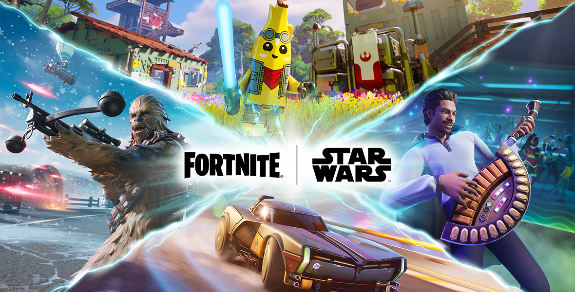 Four images for Fortnite | Star Wars divided by an "x" made of lightning. The top image features LEGO Peely holding a lightsaber in front of the Rebel village. The leftmost image features Chewbacca as he appears in-game, wielding his bowcaster in a snowy environment. The bottom image features a car from Fortnite Rocket Racing designed to look like Boba Fett's armor. The image on the right features Lando Calrissian as he appears in-game, playing the Seven String Hallikset Guitar.