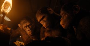 In a scene from the Kingdom of the Planet of the Apes, Anaya (Travis Jeffrey), Noa (Owen Teague), and Soona (Lydia Peckham), three young apes, are depicted reading a book. Anaya (left) holds a torch, adding light to the dimly-lit frame.