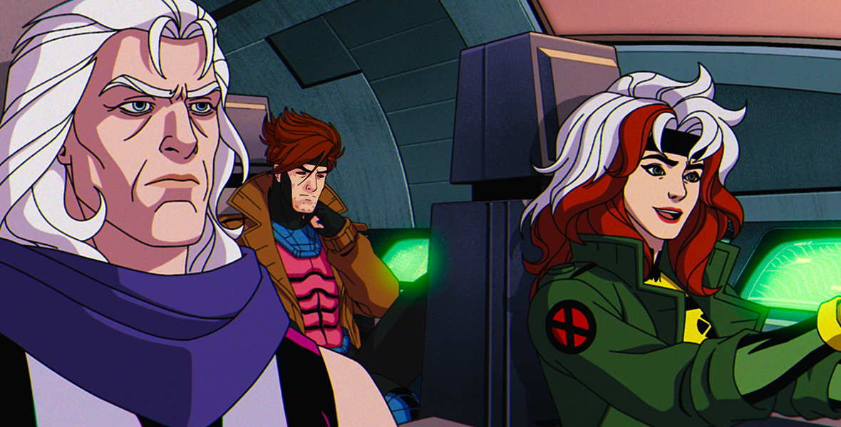 Magneto (voiced by Matthew Waterson), Gambit (voiced by AJ LoCascio), and Rogue (voiced by Lenore Zann) pilot the Blackbird in Marvel Animation's X-Men '97.