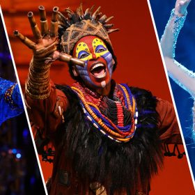 A triptych of Broadway photos from Aladdin, The Lion King, and Frozen