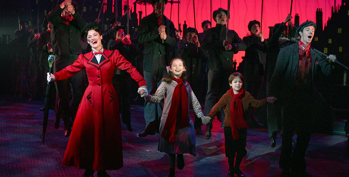 The cast of Mary Poppins performs on Broadway.