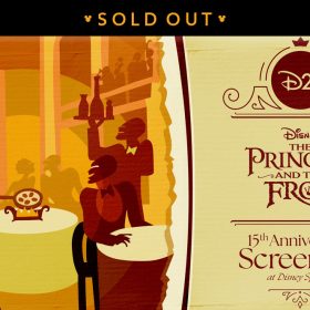 Image depicting event name in gol: “D23 The Princess and the Frog—15th Anniversary Screening at Disney Springs.”A banner at top reads “SOLD OUT”