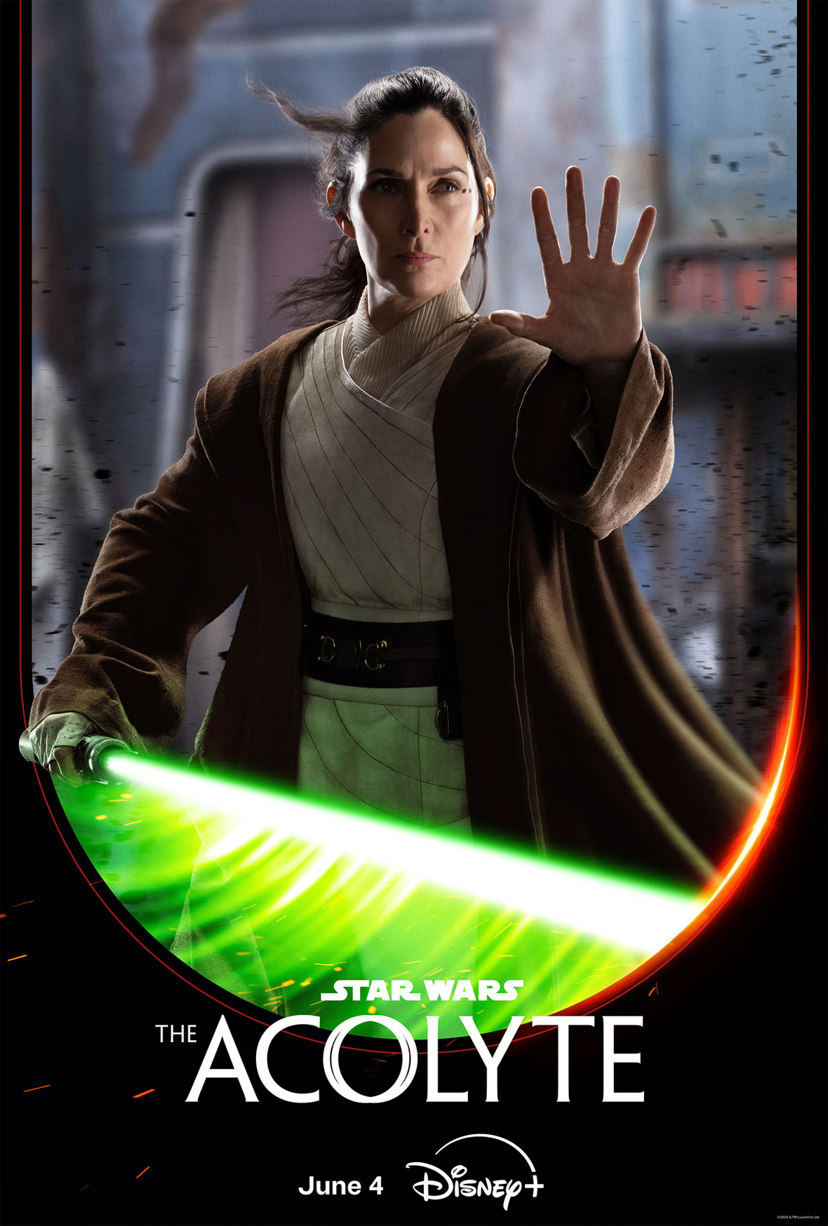Jedi Master Indara faces the camera, her left hand held forward in the “stop” motion. She holds her ignited green lightsaber in her right hand. A black border frames the bottom of the image with the logo for Star Wars: The Acolyte written in white font.
