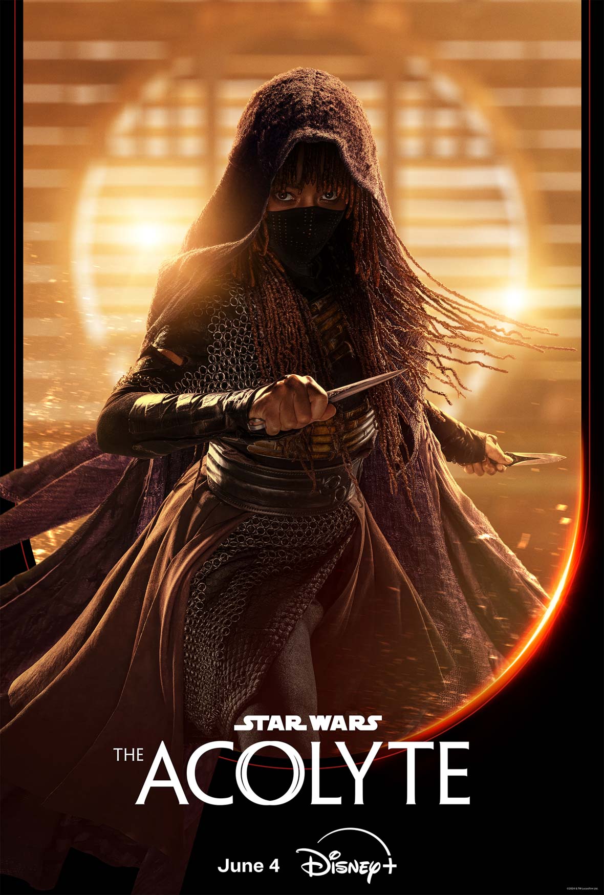 Mae—a woman in a cloak and black face mask—holds silver daggers in both hands, posed as though ready to strike an attacker. A black border frames the bottom of the image with the logo for Star Wars: The Acolyte written in white font.
