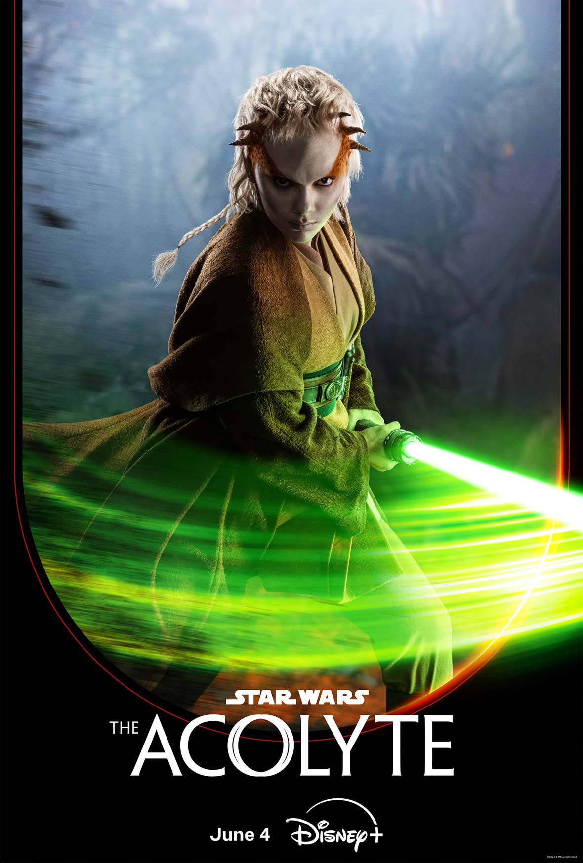 Jecki Lon, a humanoid alien with white skin and hair and horns lining her forehead, holds her green lightsaber out, a train of green light implying she has just swung her blade towards the viewer. A black border frames the bottom of the image with the logo for Star Wars: The Acolyte written in white font.