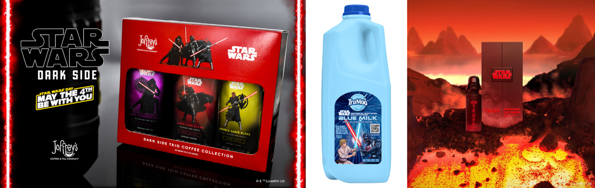 Left – Star Wars Dark Side Trio Coffee Collection from Joffrey’s Coffee on a black background. Middle - Star Wars TruMoo Blue Milk from Dairy Farmers of America on a white background. Right – Star Wars Dark Side Hot Sauce from TRUFF bottle and packaging in a fiery display.