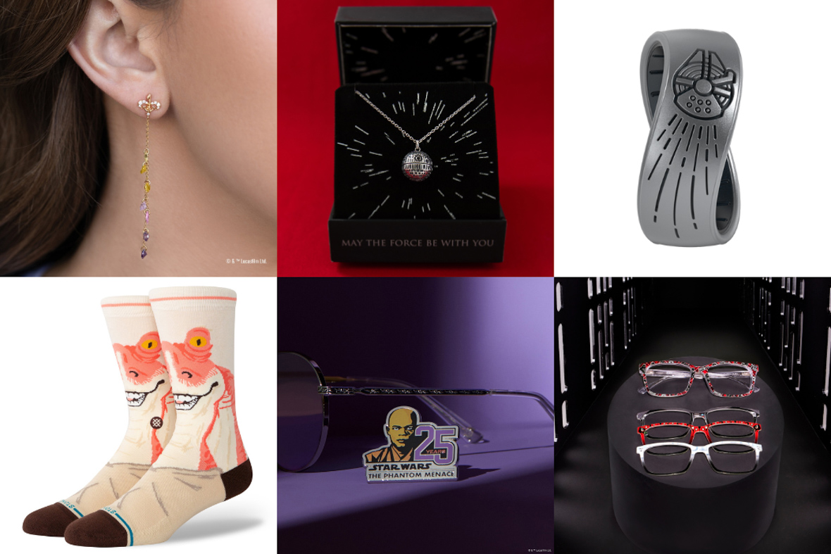Top Left – Padmé Dangle Earrings from Girl’s Crew on model. Top Middle – Death Star Necklace from RockLove in necklace box. Top Right – Gray imprinted Star Wars-inspired ring from Enso Rings on a white background. Bottom Left – Jar Jar Binks-inspired socks from STANCE on white background. Bottom Middle – Mace Windu sunglasses from DIFF Eyewear and special logo pin on purple gradient background. Bottom Right – Collection of Star Wars-inspired eyeglass frames from Pair Eyewear on black background.