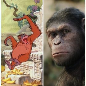 A four image banner, (left-to-right) starting with The Monkey from Toy Story 3 looking to the right, followed by King Louie from The Jungle Book sitting on a chair laughing with his hands up in the air, followed by a closeup of Caesar from Planet of the Apes, and lastly all the way to the left is The White Apes from John Carter, looking menacing as it stomps on the ground in middle of an arena.