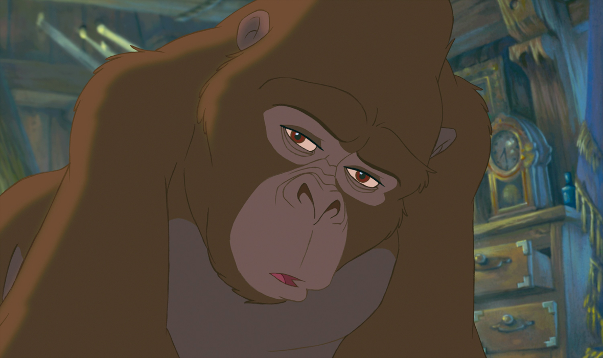 Kala, from Tarzan, is looking sad inside of a cabin.
