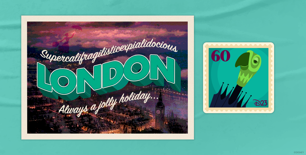 Postcard design London featuring artwork of the city skyline and Mary Poppins’ Silhouette. Patch design features the parrot handle of Mary Poppins’ Umbrella.