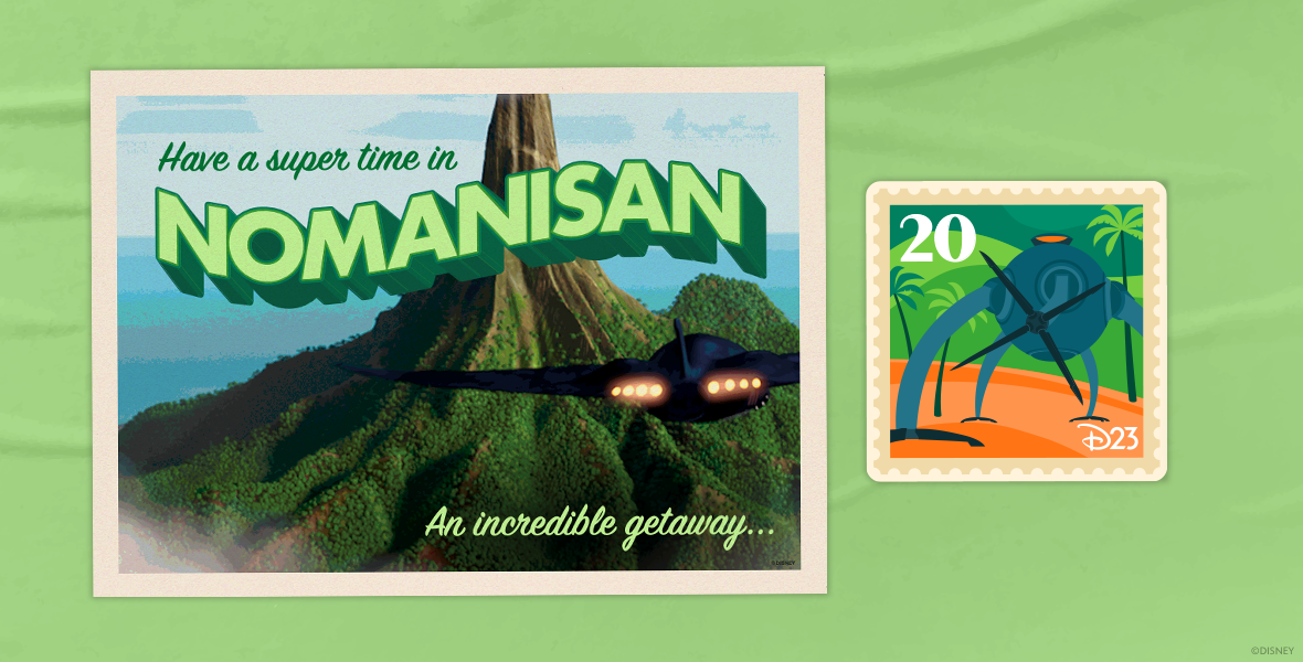 Postcard design of Nomanisan Island featuring artwork of The island volcano and the Manta-jet. Patch design features the Omnidroid.