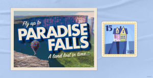 Postcard design of Paradise Falls, featuring artwork of the rocky cliffside paradise with Carl&rsquo;s house floating by. Patch design features Carl&rsquo;s house on it.