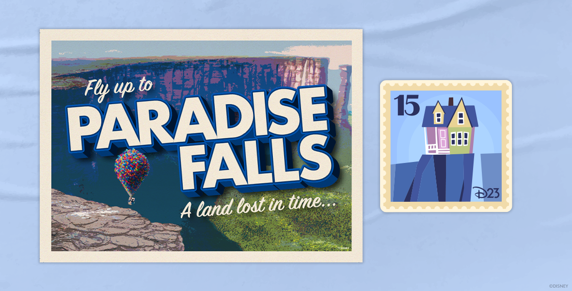 Postcard design of Paradise Falls, featuring artwork of the rocky cliffside paradise with Carl’s house floating by. Patch design features Carl’s house on it.