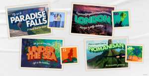 Set of four postcard designs and four patch designs displayed on a white background. They depict colorful designs inspired by Up, The Little Mermaid, Mary Poppins and The Incredibles.