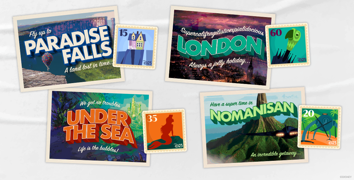 Set of four postcard designs and four patch designs displayed on a white background. They depict colorful designs inspired by Up, The Little Mermaid, Mary Poppins and The Incredibles.