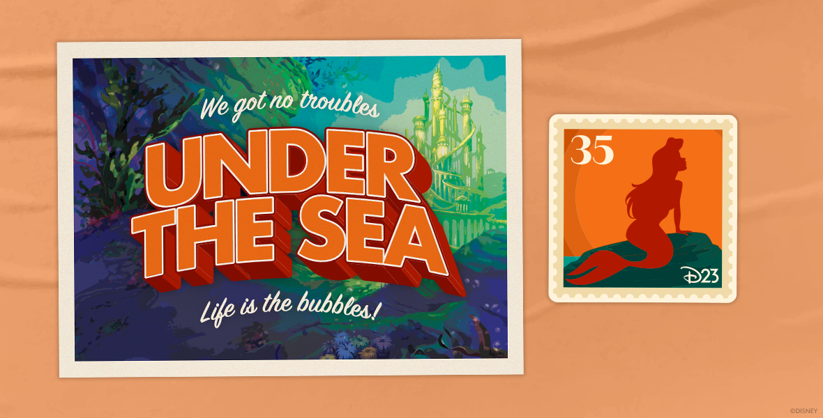 Postcard design of Under The Sea featuring artwork of King Triton’s Palace in Atlantica. Patch design features Ariel sitting on a rock.