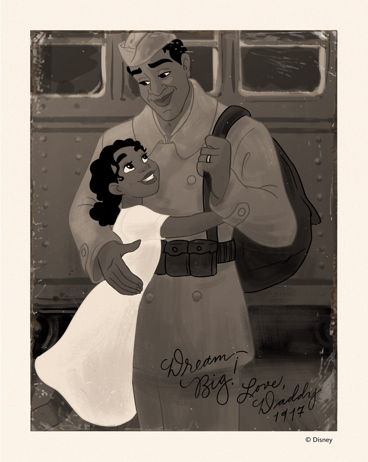 A photo of young Tiana hugging her father, James, in 1917
