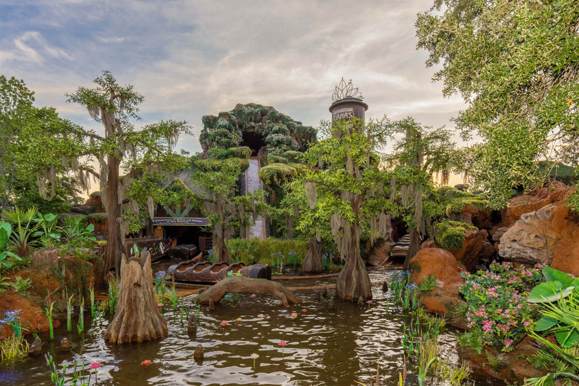The exterior of Tiana's Bayou Adventure at Walt Disney World Resort.