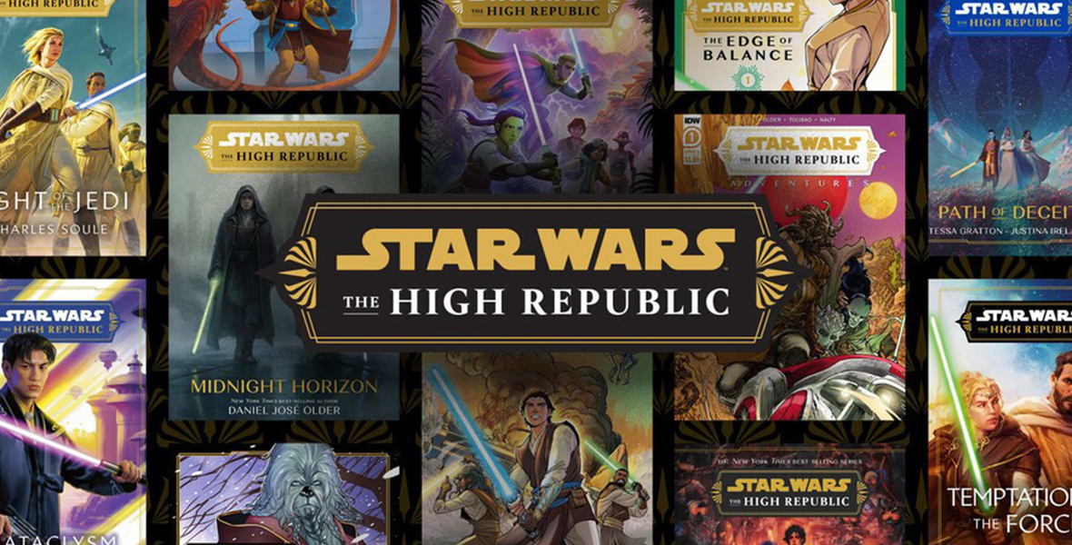 A collage of Star Wars: The High Republic book covers, with the Star Wars: The High Republic logo superimposed over it.