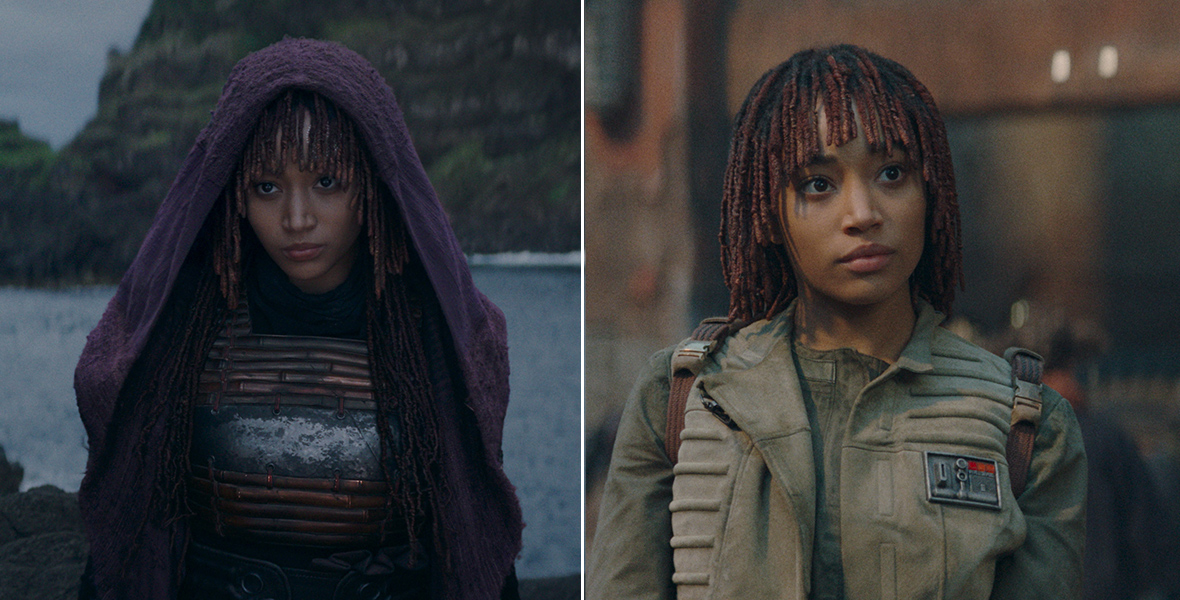 Two images from Star Wars: The Acolyte. On the left, Mae stands along a shoreline, wearing a purple cloak and glaring into the distance. On the right, Osha stands in a busy street, wearing a khaki vest and shirt and looking at something off-screen.