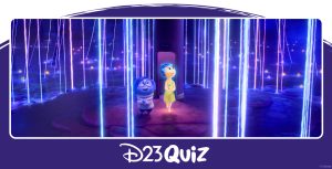 In a scene from Inside Out 2, Sadness (voiced by Phyllis Smith) and Joy (voiced by Amy Poehler) are standing on a dark blue island, surrounded by dark blue water. Neon-colored spheres with neon rays extending upward are scattered around the island and in the water. Behind Joy is a purple cylinder with a door-sized opening at its base. Both Joy and Sadness look upwards, amazed.