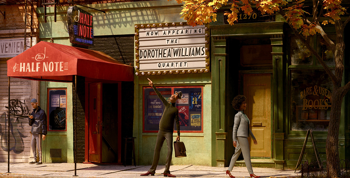 In a scene from Soul, Joe Gardner (voiced by Jamie Foxx) stands in front of The Half Note, a jazz club with a green exterior and a red awning. A marquee above the club’s window announces, “Now appearing: The Dorothea Williams Quartet.” Joe is holding a briefcase and pointing up at a neon sign for the club.
