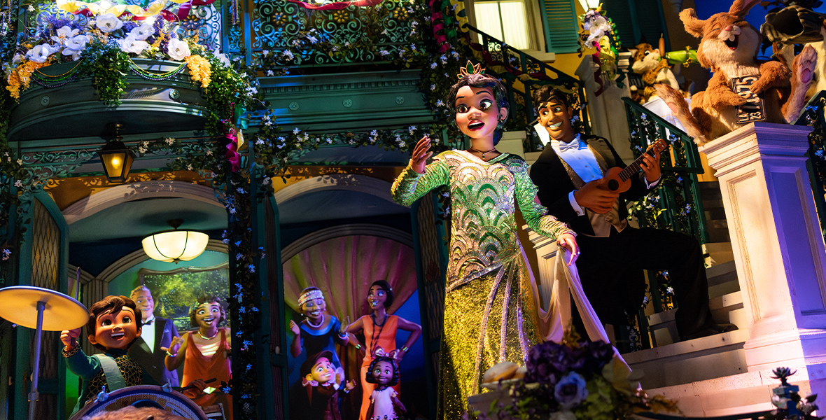 The finale scene from Tiana's Bayou Adventure attraction