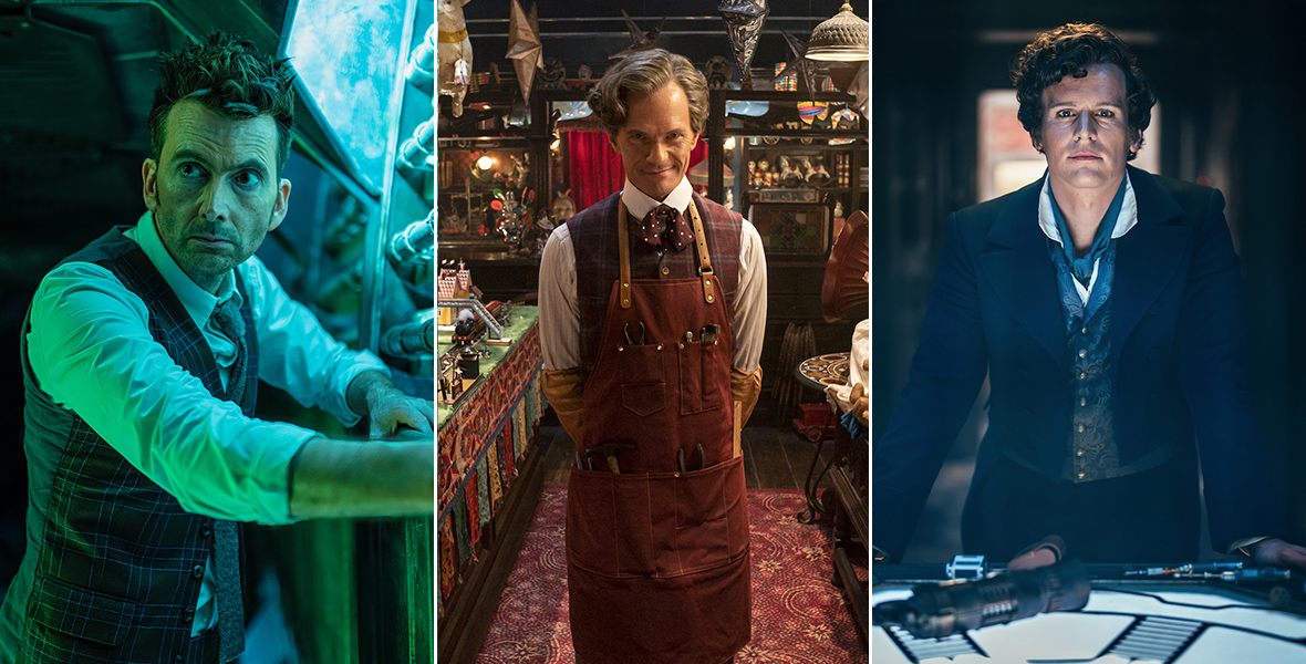 A triptych of images from Doctor Who on Disney+, featuring David Tennant as the Fourteenth Doctor, Neil Patrick Harris as the Toymaker, and Disney Legend Jonathan Groff as Rogue.