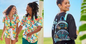 Collage of a couple wearing matching shirts; a woman displaying a Stitch Loungefly backpack; and a man wearing a red button-up shirt.