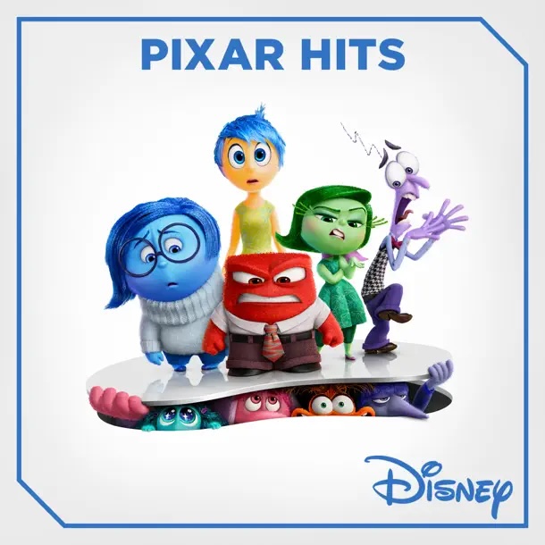 An image titled "PIXAR HITS" featuring characters from Pixar's "Inside Out." The characters shown are Sadness (blue, wearing glasses), Joy (yellow, bright and cheerful), Disgust (green, looking annoyed), Fear (purple, looking worried), and Anger (red, looking furious). The characters stand together with playful expressions, emphasizing their different emotions. The Disney logo is displayed at the bottom right corner of the image.