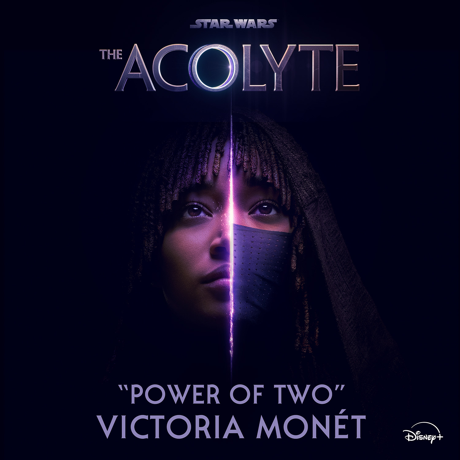 Image shows a promotional poster for the Star Wars series "The Acolyte." The poster features a close-up of a character's face, split down the middle by a glowing, purple light, symbolizing the "Power of Two." The character wears a dark hood and a mask. The title "The Acolyte" is at the top, with "Power of Two" by Victoria Monét displayed at the bottom, along with the Disney+ logo.