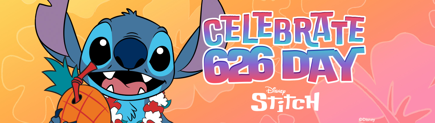 Stitch is shown joyfully holding a pineapple with a vibrant background featuring warm orange and pink hues. The text reads "Celebrate 626 Day" alongside the Disney Stitch logo.