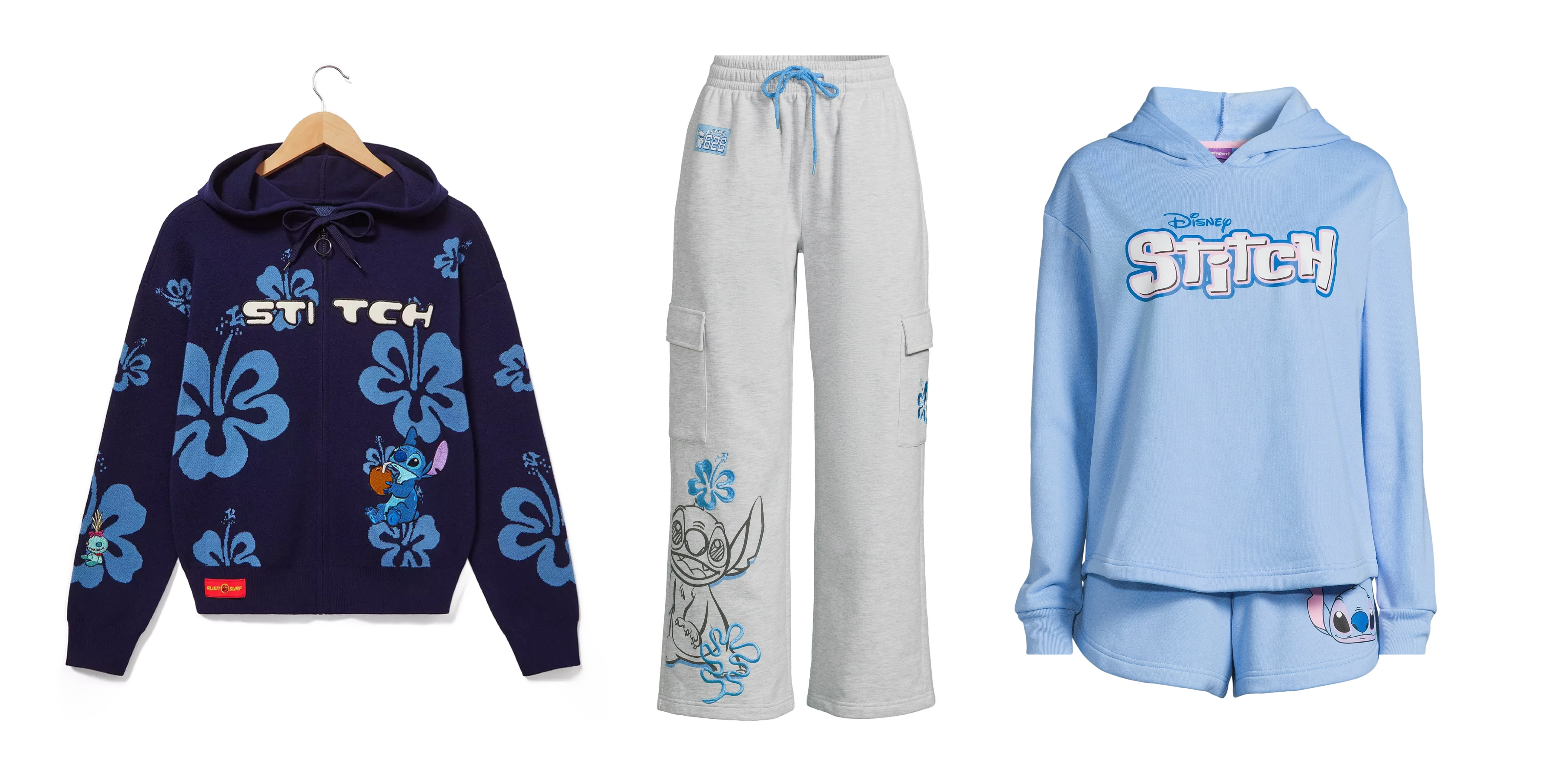 A triptych of images featuring the Disney Lilo & Stitch Hibiscus Flower Stitch Knit Zippered Hoodie; the Women’s Stitch Cargo Joggers; and the Disney Stitch Women’s Hoodie and Shorts Pajama set. 
