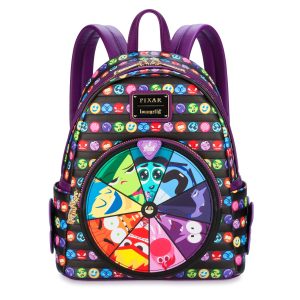 IO2 Loungefly sits on a plain white background. The bag has purple straps, a black base covered with circular images of all nine emotions, and a colorful wheel that features the same characters.