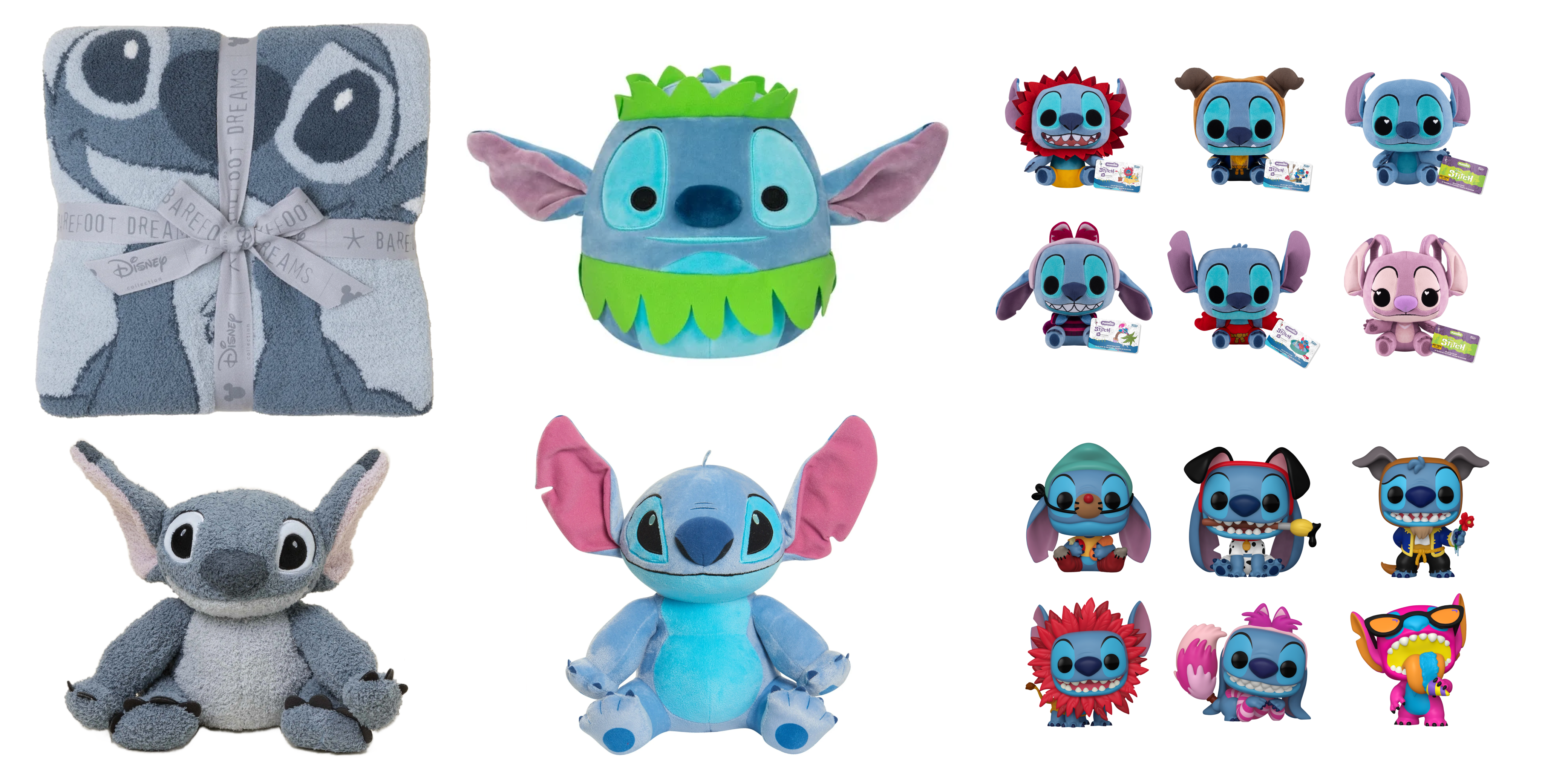 An image featuring many Lilo & Stitch-related items, including Barefoot Dreams Disney Stitch Blanket; Barefoot Dreams Disney Stitch Buddie; Squishmallow Disney Stitch 8-inch Hula Plush; Disney Stitch Plush; and Collections by Funko of Stitch as Plush and Stitch as Pop!.