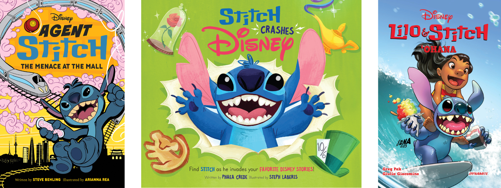  A triptych image of several Lilo & Stitch-themed books, including Agent Stitch, Stitch Crashes Disney, and Lil & Stitch Vol. 1: ‘OHANA.