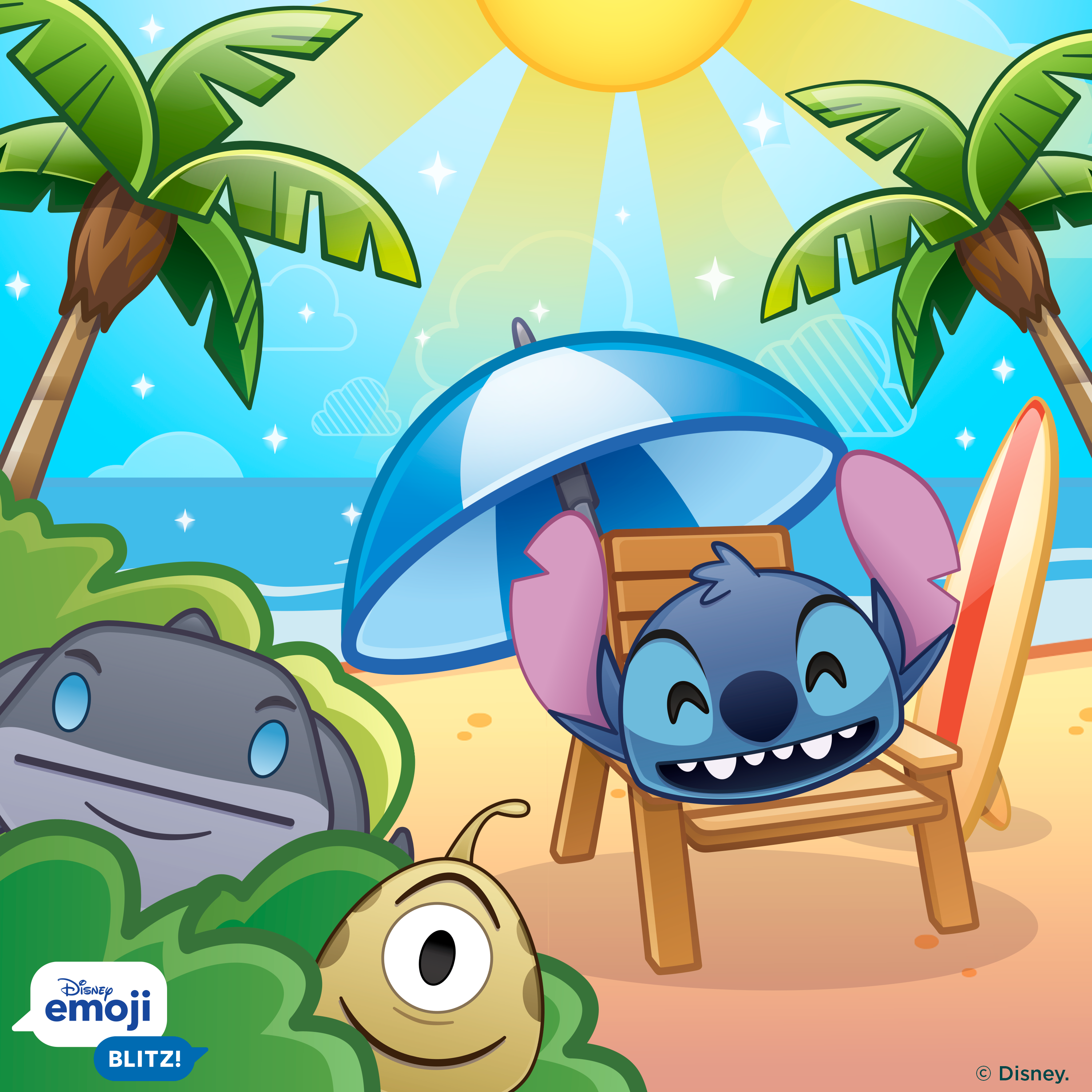 In an image from Disney Emoji Blitz, the Stitch, Pleakley, and Gantu emojis are seen on a beach,