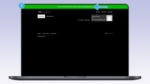 A laptop labeled “1” shows a screenshot of tickets.d23.com/my-tickets/login, with a blue arrow pointing to a white link against a green banner at the top of the page that says “Go to your D23 2024 Badge profile.” The rest of the page shows an empty user profile.