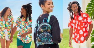 Collage of a couple wearing matching shirts; a woman displaying a Stitch Loungefly backpack; and a man wearing a red button-up shirt.