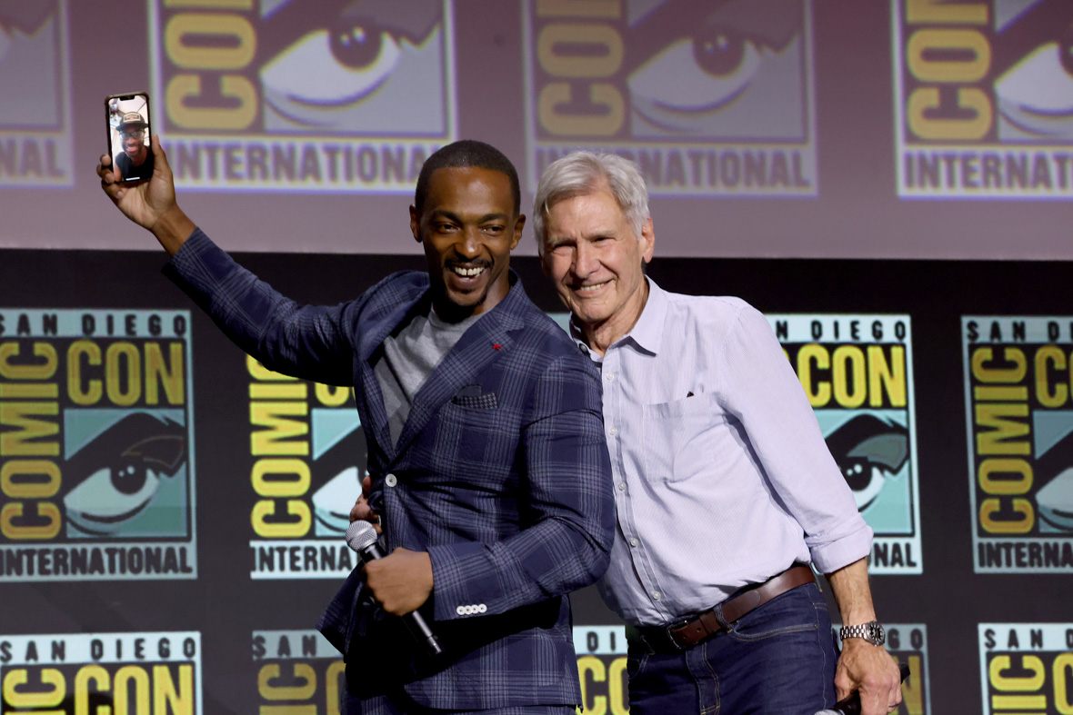 Anthony Mackie and Harrison Ford FaceTime onstage at San Diego Comic-Con.