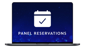 A MacBook Pro screen displaying a calendar icon with a checkmark, representing panel reservations, against a starry blue background with the text "PANEL RESERVATIONS" below the icon.