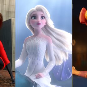 A triptych of Elastigirl in Incredibles 2, Elsa in Frozen 2, and Bo Peep in Toy Story 4.