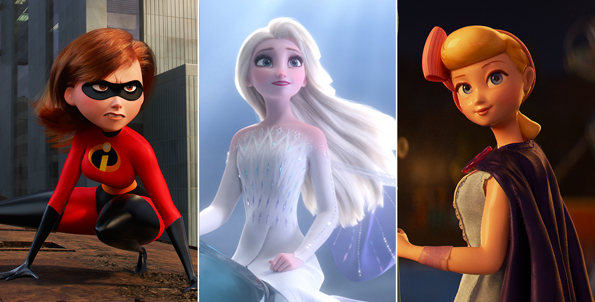 A triptych of Elastigirl in Incredibles 2, Elsa in Frozen 2, and Bo Peep in Toy Story 4.