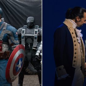In a side-by-side image, Chris Evans is seen as Captain America from Captain America: The First Avenger, in his traditional outfit and holding his shield; and Lin-Manuel Miranda and Philippa Soo are seen as Alexander and Eliza Hamilton in the Broadway production of the musical Hamilton.