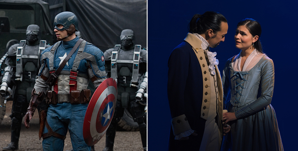 In a side-by-side image, Chris Evans is seen as Captain America from Captain America: The First Avenger, in his traditional outfit and holding his shield; and Lin-Manuel Miranda and Philippa Soo are seen as Alexander and Eliza Hamilton in the Broadway production of the musical Hamilton.