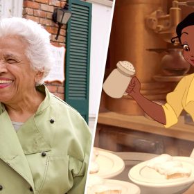 Side-by-side images of Leah Chase and Princess Tiana. On the left, Leah Chase stands in front of her restaurant, Dooky Chase, wearing a green chef’s jacket and smiling. On the right, the animated character Princess Tiana from Disney’s "The Princess and the Frog" is shown joyfully cooking in her restaurant kitchen.