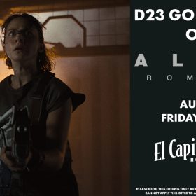 Promotional image for the D23 Gold Member Offer featuring the movie "Alien: Romulus." The image shows a character holding a large weapon, looking alert and ready for action. The text on the right side of the image reads, "D23 GOLD MEMBER OFFER, ALIEN: ROMULUS, AUGUST 16, FRIDAY FAN EVENT, AT THE EL CAPITAN THEATRE, HOLLYWOOD." A disclaimer at the bottom notes that the offer is only available for the showing at this date and time and cannot be applied to any other showings at the El Capitan Theatre.
