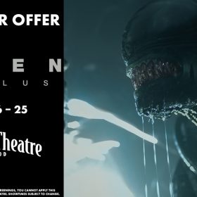 Promotional image for the D23 Member Offer featuring the movie "Alien: Romulus." The image includes a dark, menacing close-up of an alien creature with sharp teeth. The text on the left side of the image reads, "D23 MEMBER OFFER, ALIEN: ROMULUS, AUGUST 16 – 25, AT THE EL CAPITAN THEATRE, HOLLYWOOD." A disclaimer at the bottom notes that the offer is only available for standard screenings and not for any fan event screenings at the El Capitan Theatre.